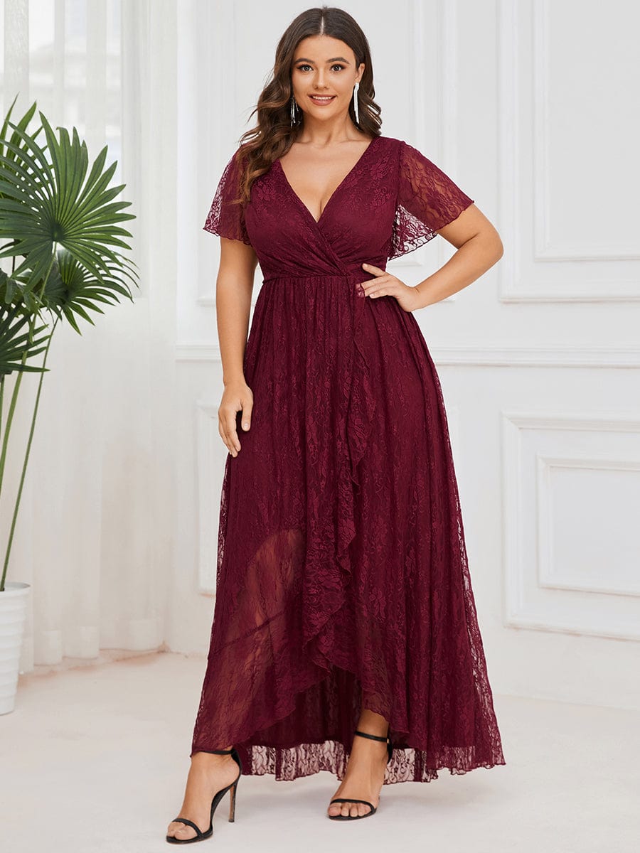 MsDresslyEP Plus Formal Dress Plus Size Short Sleeve Ruffled V-Neck A-Line Lace Evening Dress DRE230975925BDG16