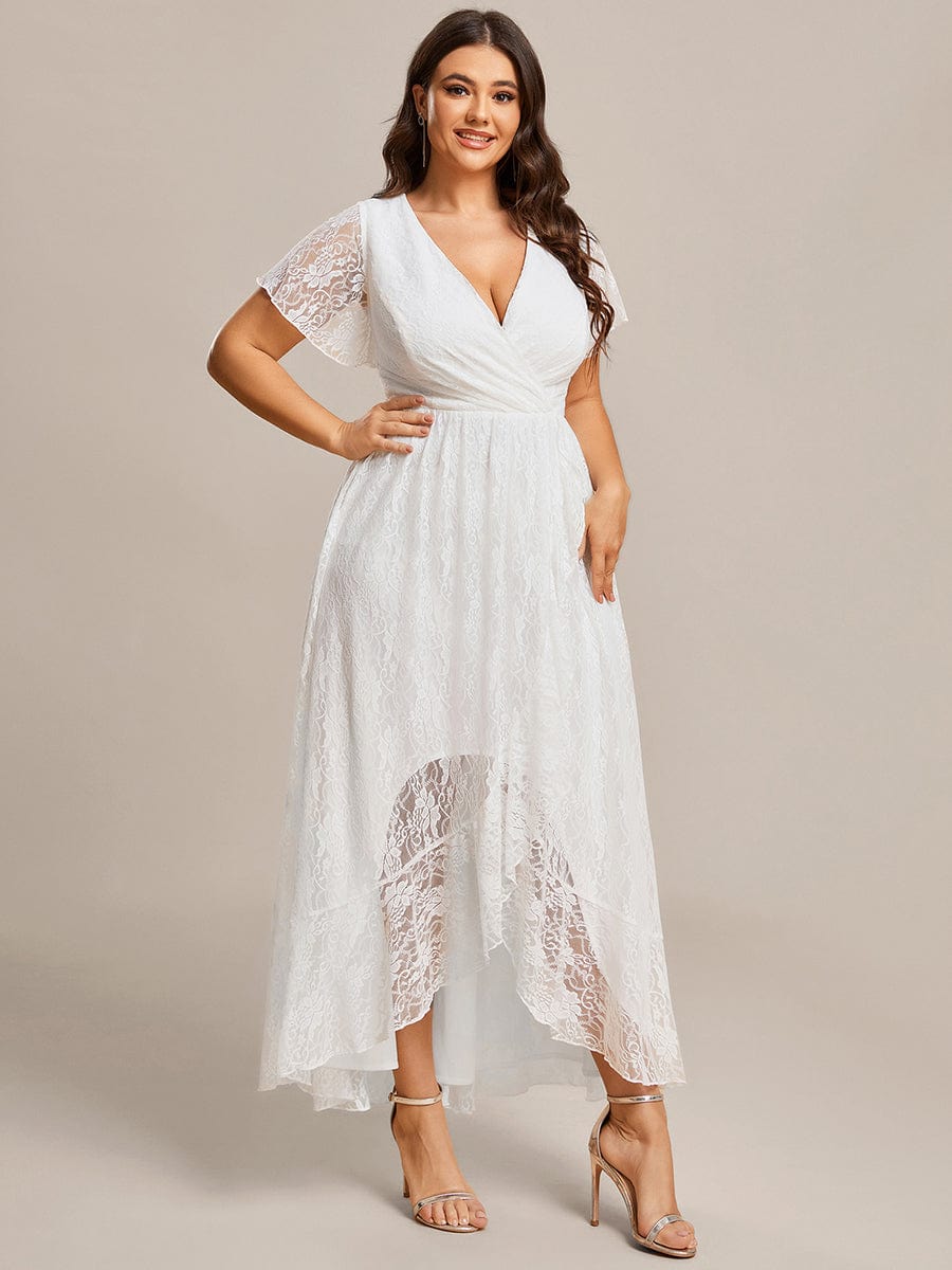 MsDresslyEP Plus Formal Dress Plus Size Short Sleeve Ruffled V-Neck A-Line Lace Evening Dress DRE230975949WHT16