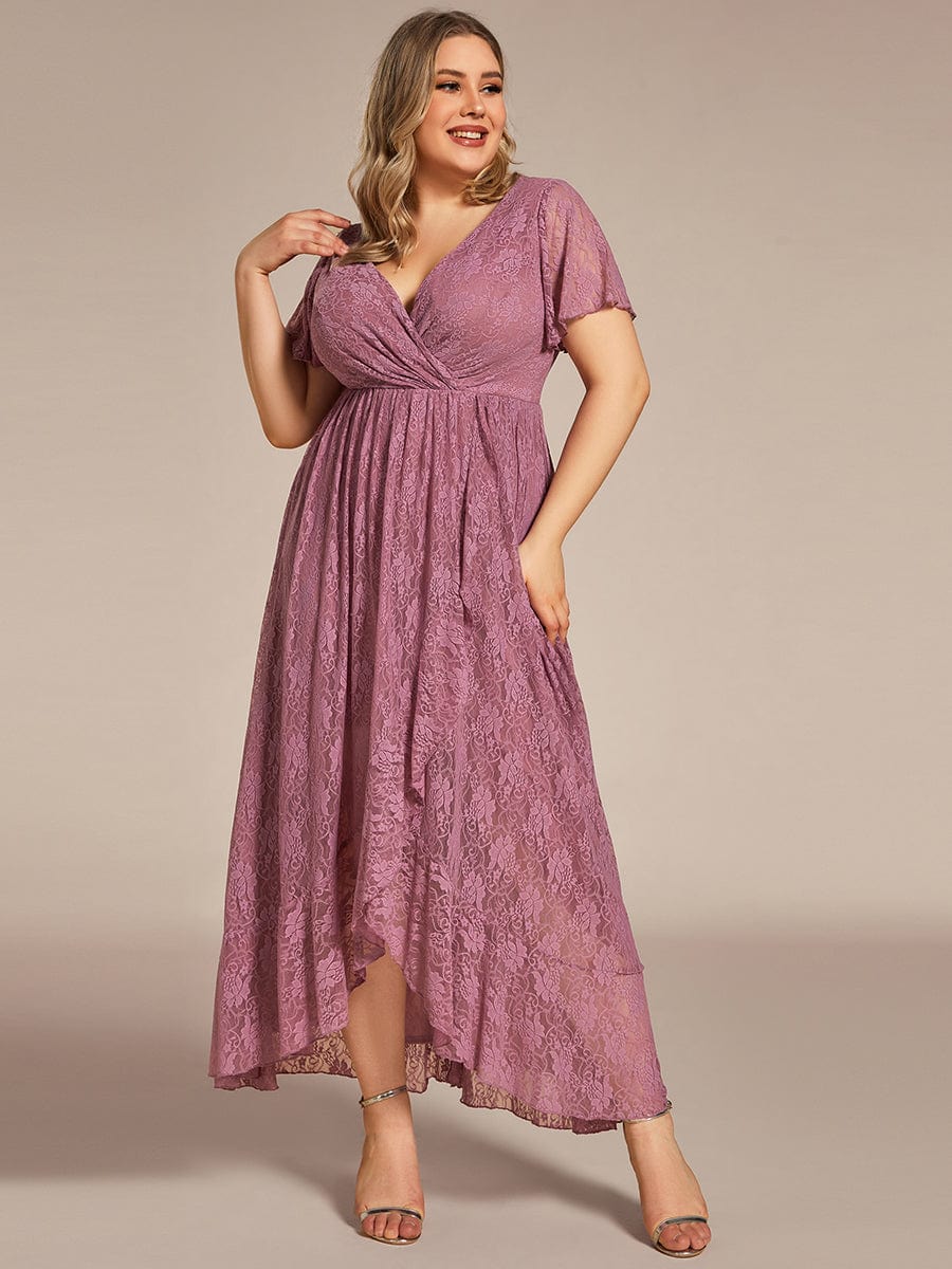 MsDresslyEP Plus Formal Dress Plus Size Short Sleeve Ruffled V-Neck A-Line Lace Evening Dress DRE230975957POH16