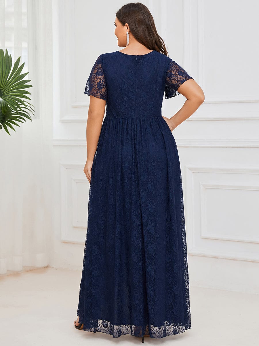 MsDresslyEP Plus Formal Dress Plus Size Short Sleeve Ruffled V-Neck A-Line Lace Evening Dress