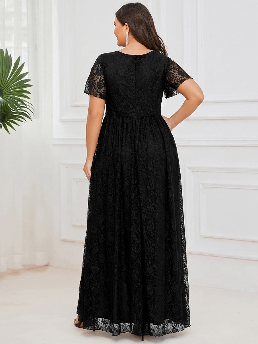 MsDresslyEP Plus Formal Dress Plus Size Short Sleeve Ruffled V-Neck A-Line Lace Evening Dress