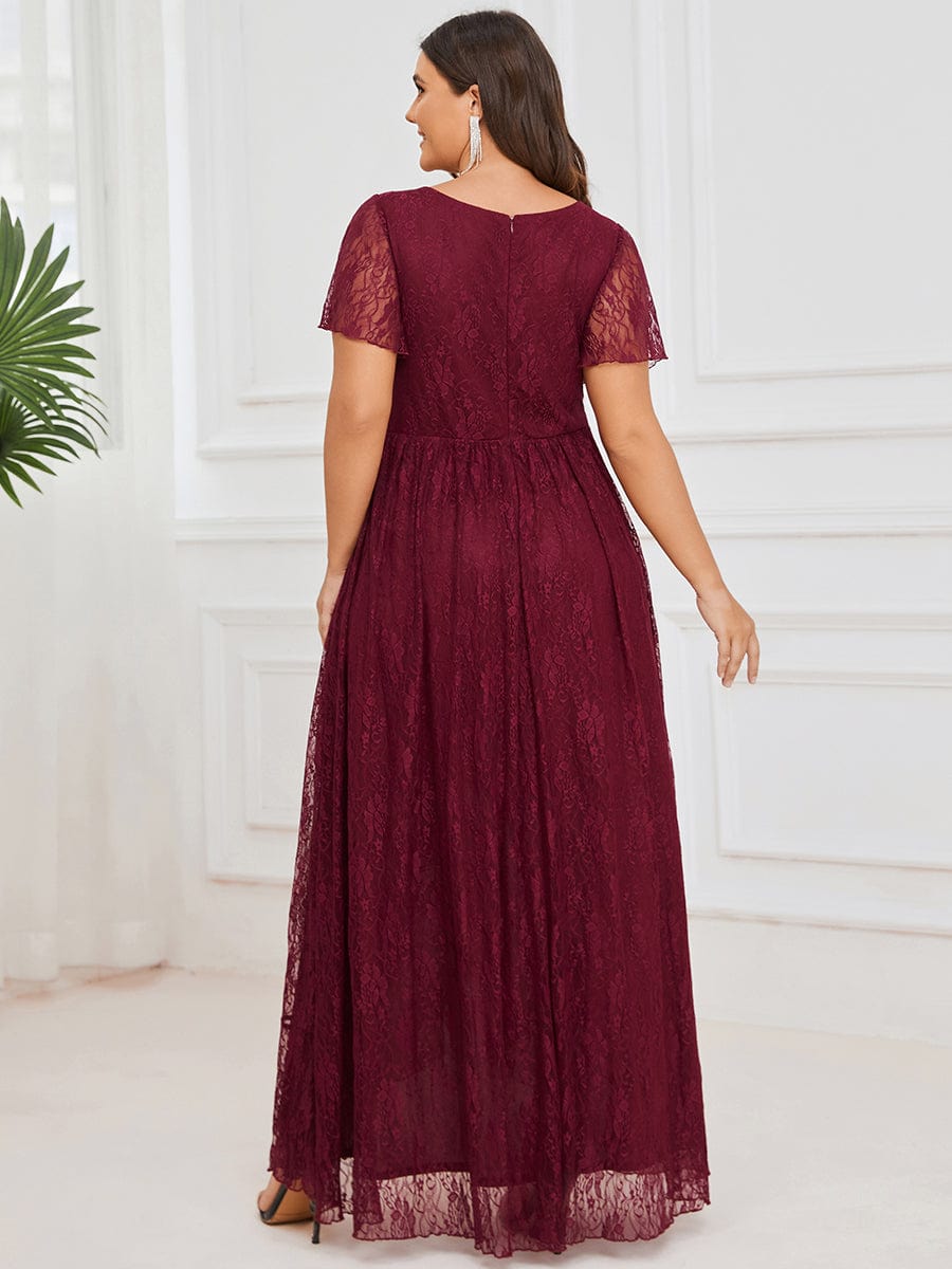 MsDresslyEP Plus Formal Dress Plus Size Short Sleeve Ruffled V-Neck A-Line Lace Evening Dress