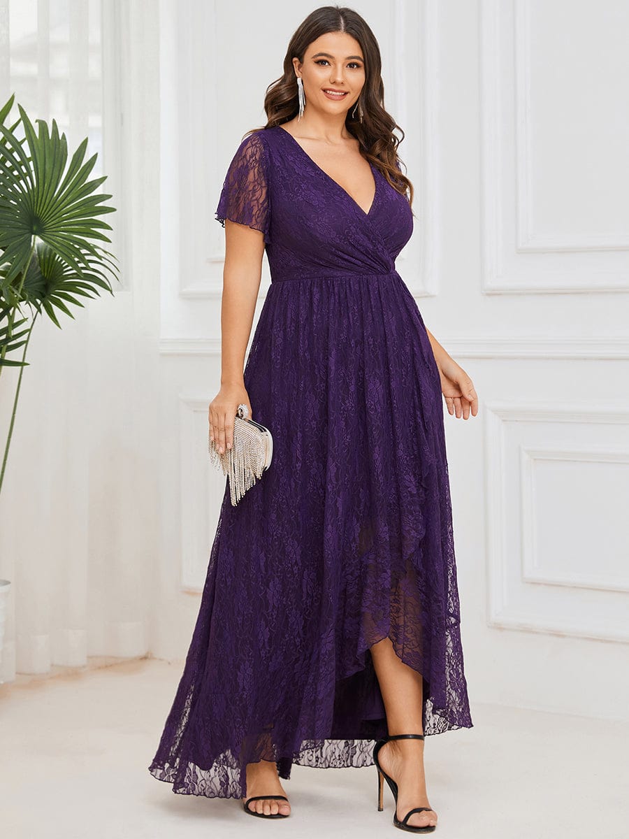 MsDresslyEP Plus Formal Dress Plus Size Short Sleeve Ruffled V-Neck A-Line Lace Evening Dress