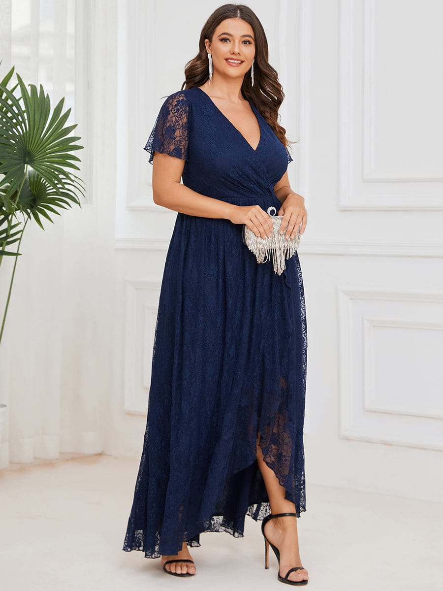 MsDresslyEP Plus Formal Dress Plus Size Short Sleeve Ruffled V-Neck A-Line Lace Evening Dress