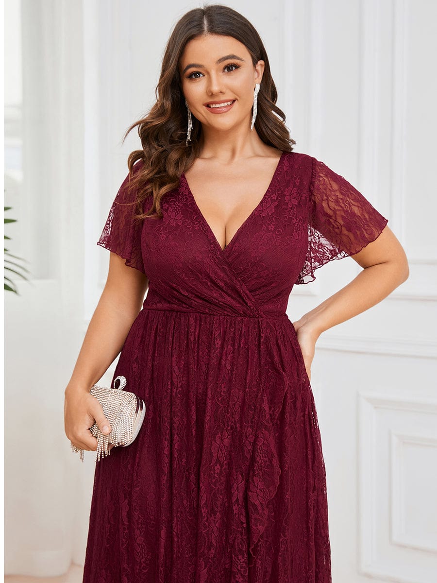 MsDresslyEP Plus Formal Dress Plus Size Short Sleeve Ruffled V-Neck A-Line Lace Evening Dress