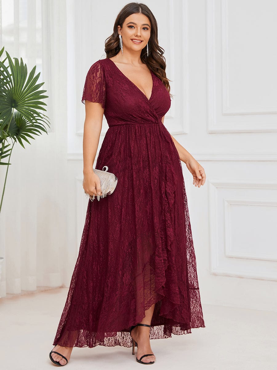 MsDresslyEP Plus Formal Dress Plus Size Short Sleeve Ruffled V-Neck A-Line Lace Evening Dress