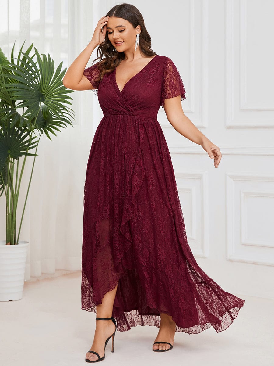 MsDresslyEP Plus Formal Dress Plus Size Short Sleeve Ruffled V-Neck A-Line Lace Evening Dress