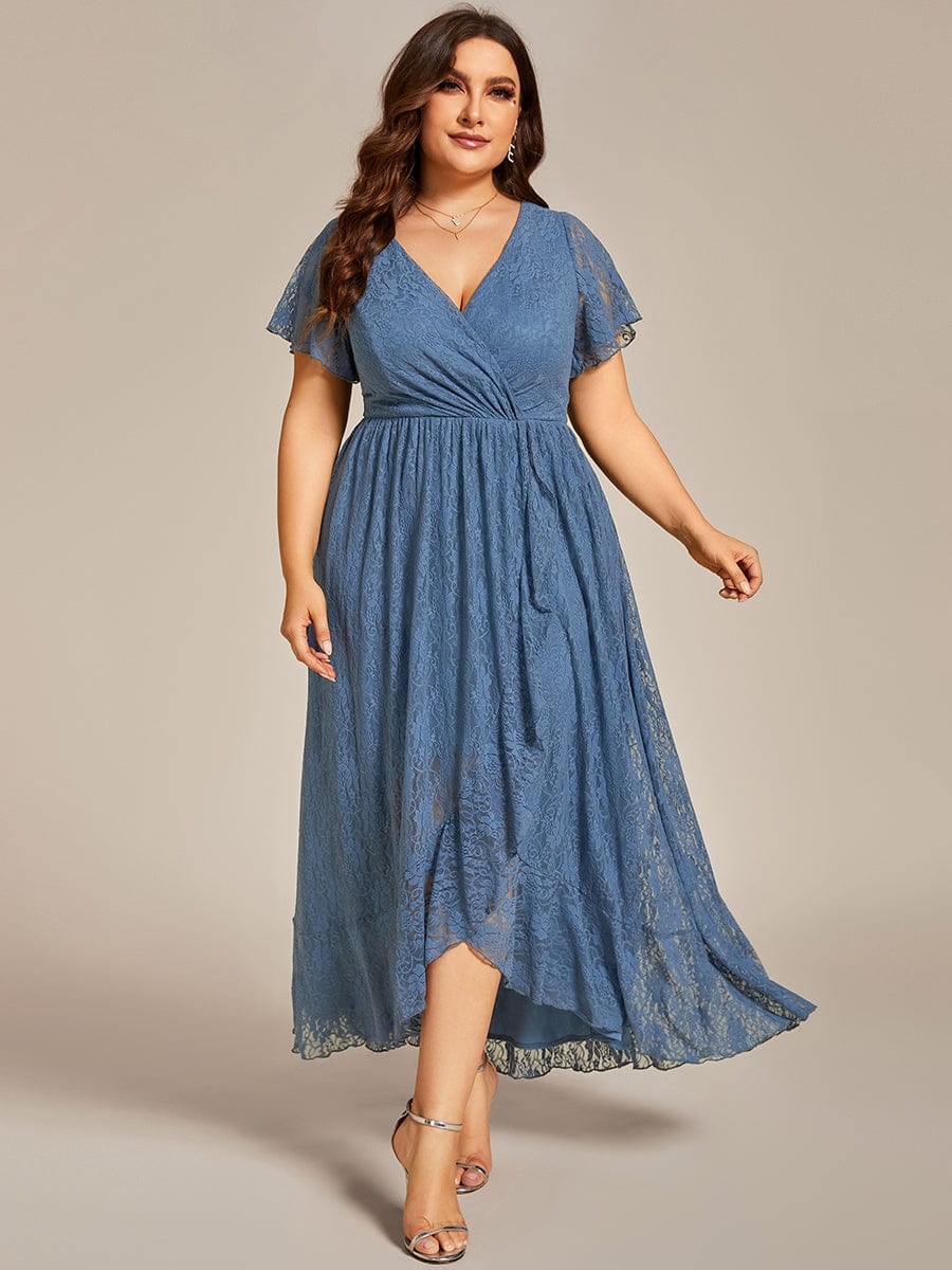 MsDresslyEP Plus Formal Dress Plus Size Short Sleeve Ruffled V-Neck A-Line Lace Evening Dress