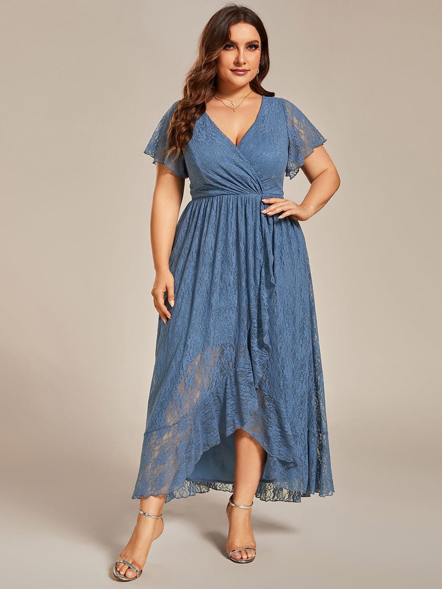 MsDresslyEP Plus Formal Dress Plus Size Short Sleeve Ruffled V-Neck A-Line Lace Evening Dress