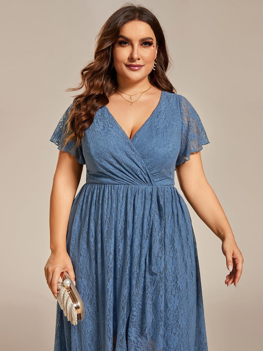 MsDresslyEP Plus Formal Dress Plus Size Short Sleeve Ruffled V-Neck A-Line Lace Evening Dress