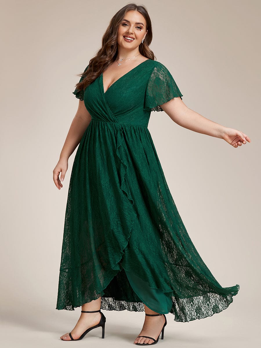 MsDresslyEP Plus Formal Dress Plus Size Short Sleeve Ruffled V-Neck A-Line Lace Evening Dress