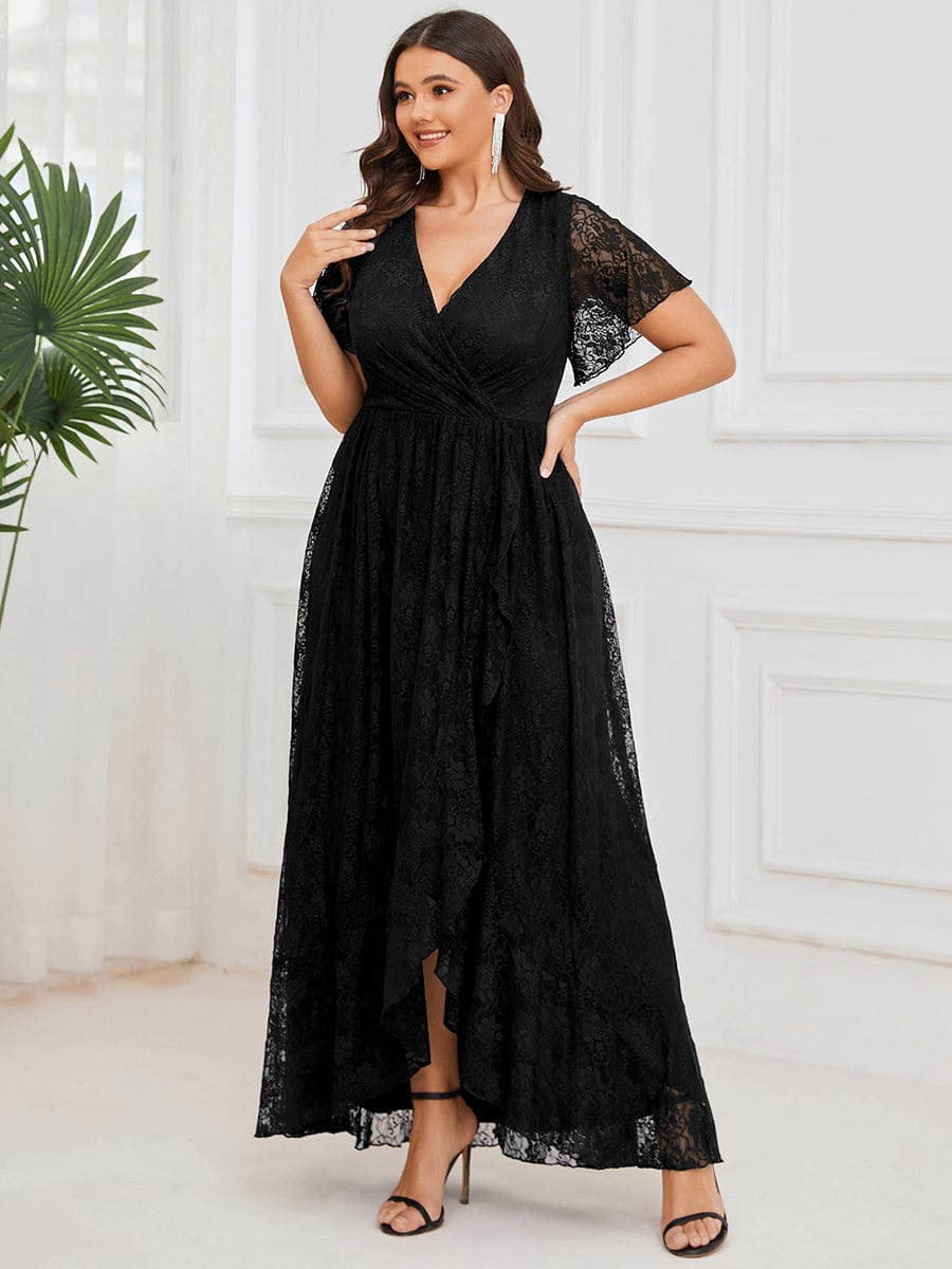 MsDresslyEP Plus Formal Dress Plus Size Short Sleeve Ruffled V-Neck A-Line Lace Evening Dress