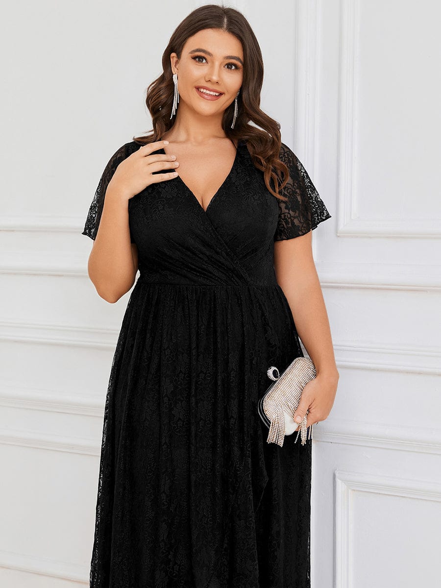 MsDresslyEP Plus Formal Dress Plus Size Short Sleeve Ruffled V-Neck A-Line Lace Evening Dress