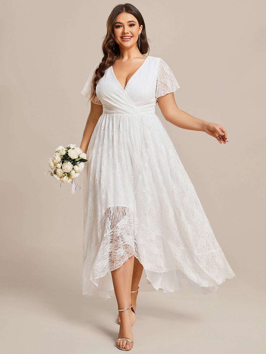 MsDresslyEP Plus Formal Dress Plus Size Short Sleeve Ruffled V-Neck A-Line Lace Evening Dress