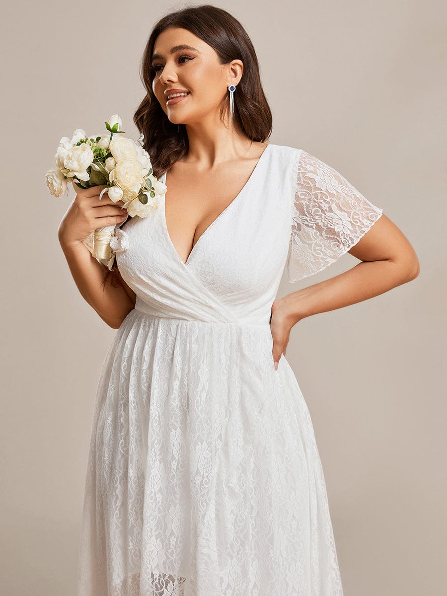 MsDresslyEP Plus Formal Dress Plus Size Short Sleeve Ruffled V-Neck A-Line Lace Evening Dress