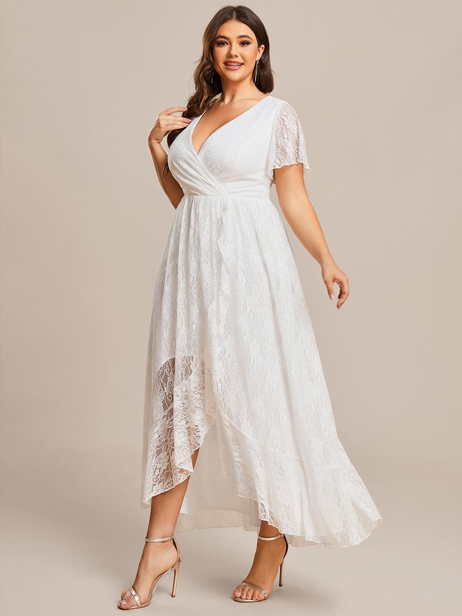 MsDresslyEP Plus Formal Dress Plus Size Short Sleeve Ruffled V-Neck A-Line Lace Evening Dress