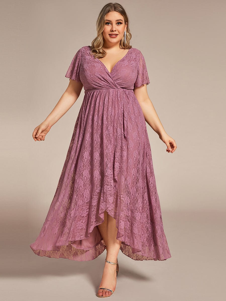 MsDresslyEP Plus Formal Dress Plus Size Short Sleeve Ruffled V-Neck A-Line Lace Evening Dress