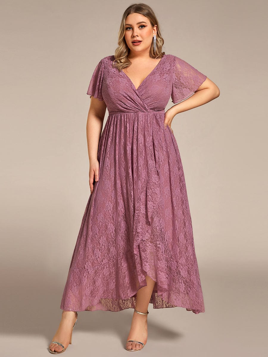 MsDresslyEP Plus Formal Dress Plus Size Short Sleeve Ruffled V-Neck A-Line Lace Evening Dress