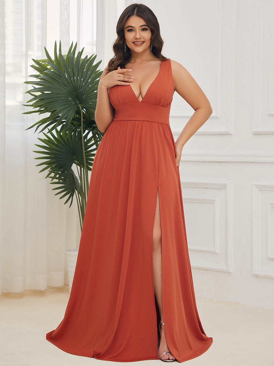 MsDresslyEP Plus Formal Dress Plus Size Sleeveless V-Neck Empire Waist High Slit Floor-Length Evening Dress DRE230973001BOR16