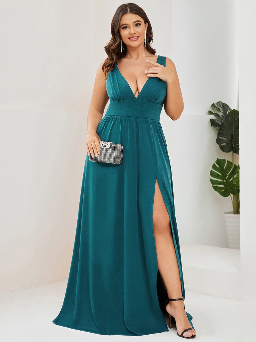 MsDresslyEP Plus Formal Dress Plus Size Sleeveless V-Neck Empire Waist High Slit Floor-Length Evening Dress DRE230973050TEL16