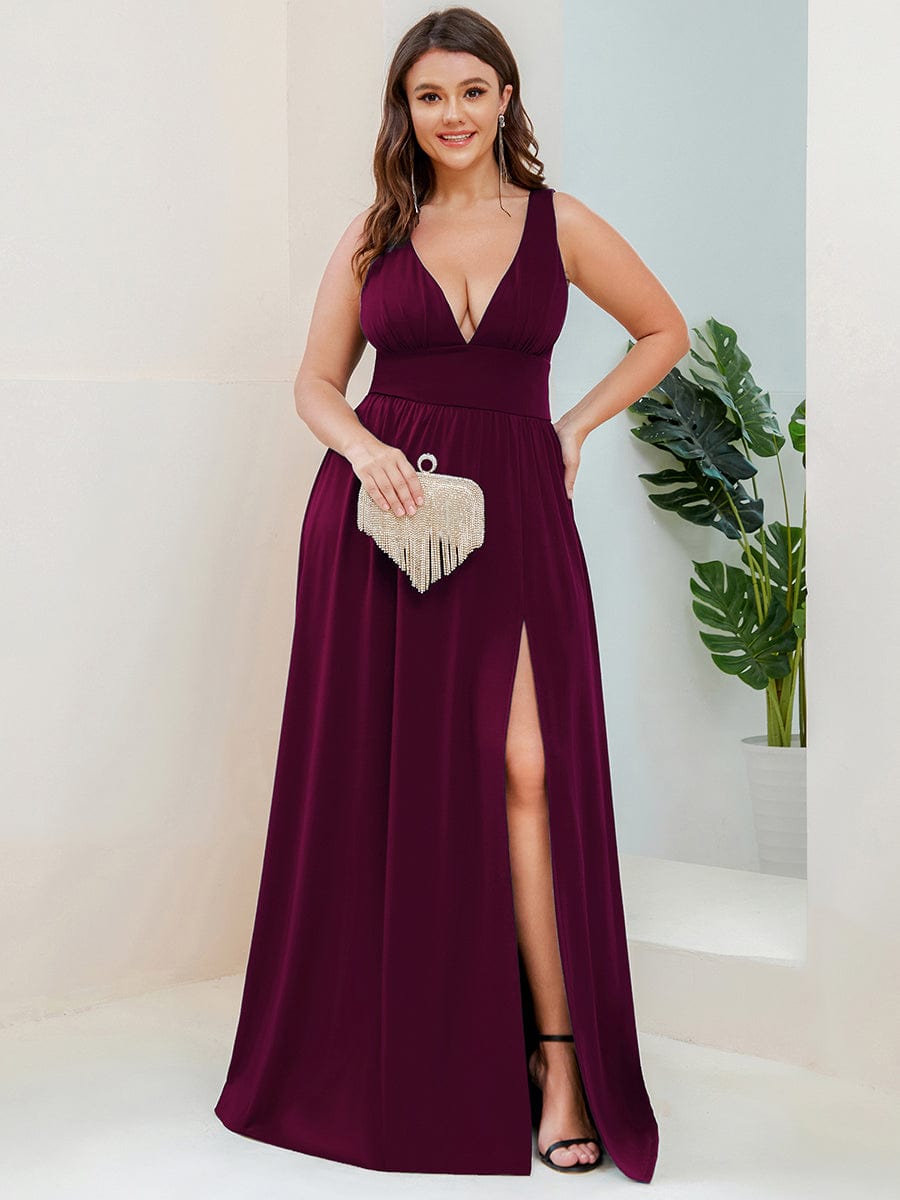 MsDresslyEP Plus Formal Dress Plus Size Sleeveless V-Neck Empire Waist High Slit Floor-Length Evening Dress DRE230973064MBR16