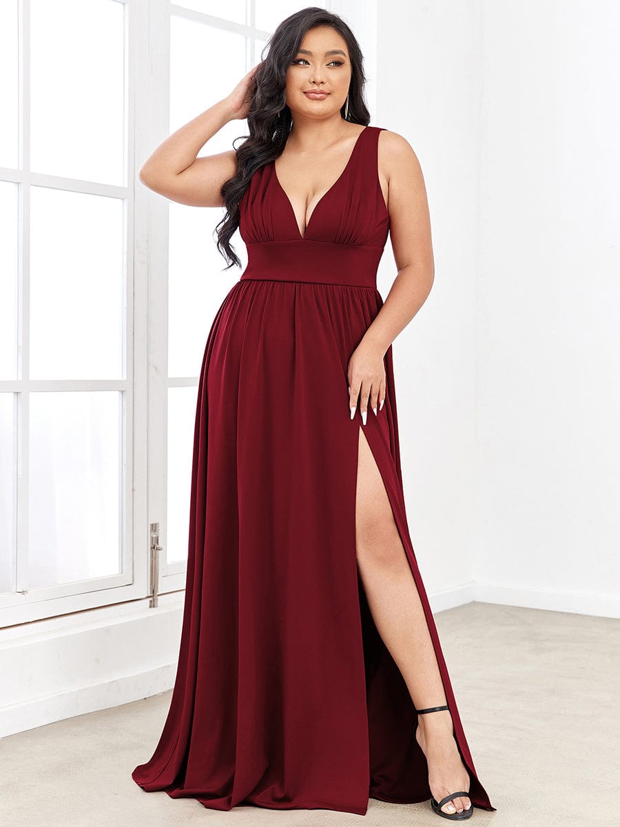 MsDresslyEP Plus Formal Dress Plus Size Sleeveless V-Neck Empire Waist High Slit Floor-Length Evening Dress DRE230973078BDG16