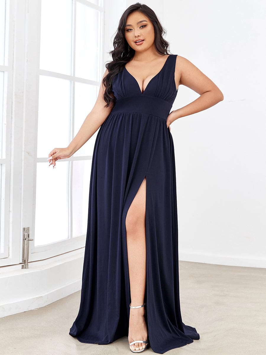 MsDresslyEP Plus Formal Dress Plus Size Sleeveless V-Neck Empire Waist High Slit Floor-Length Evening Dress DRE230973085NBY16