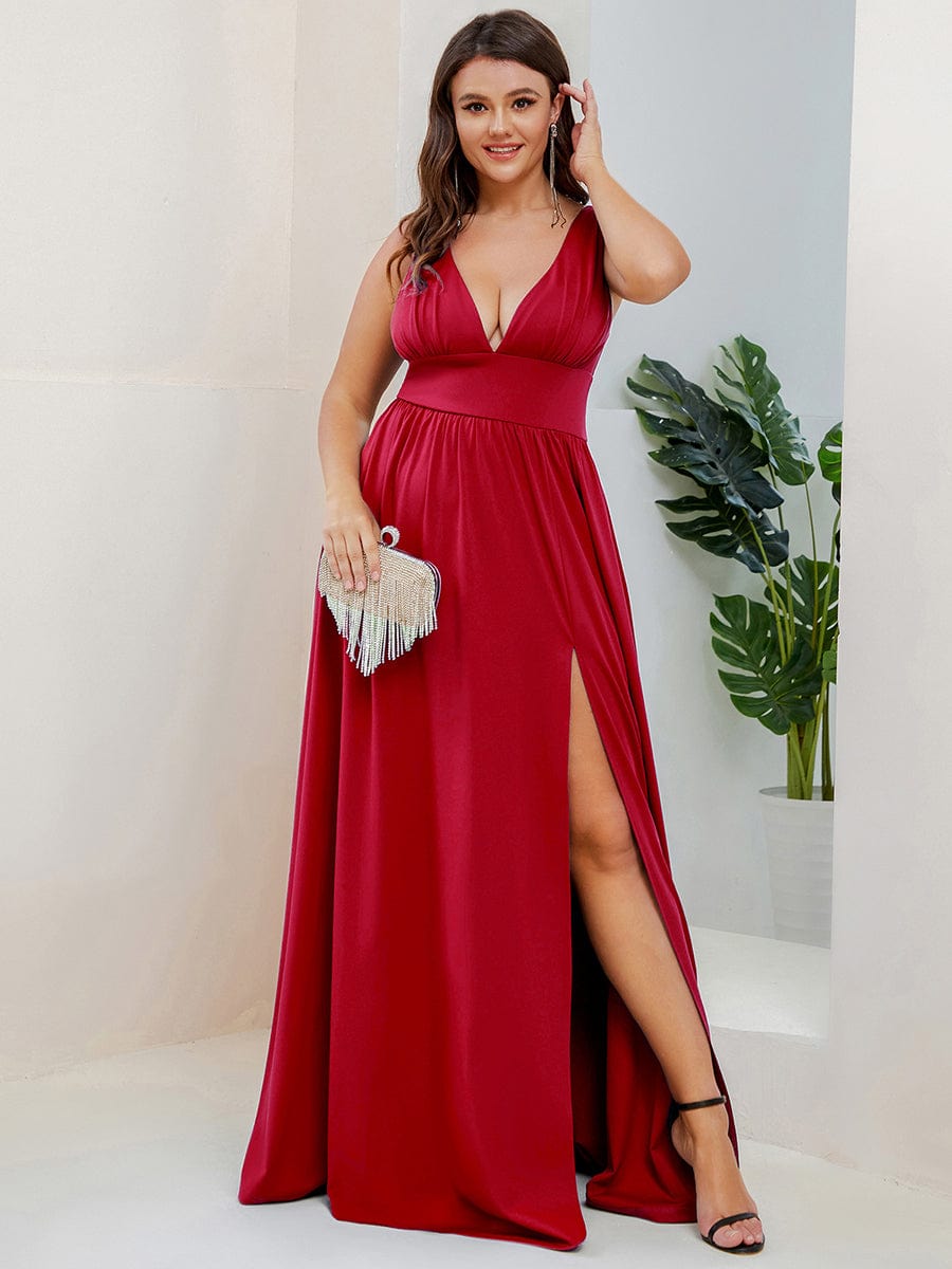 MsDresslyEP Plus Formal Dress Plus Size Sleeveless V-Neck Empire Waist High Slit Floor-Length Evening Dress DRE230973092RED16