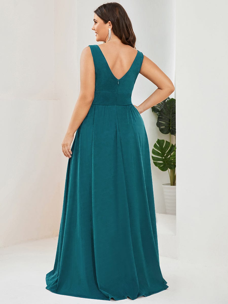 MsDresslyEP Plus Formal Dress Plus Size Sleeveless V-Neck Empire Waist High Slit Floor-Length Evening Dress