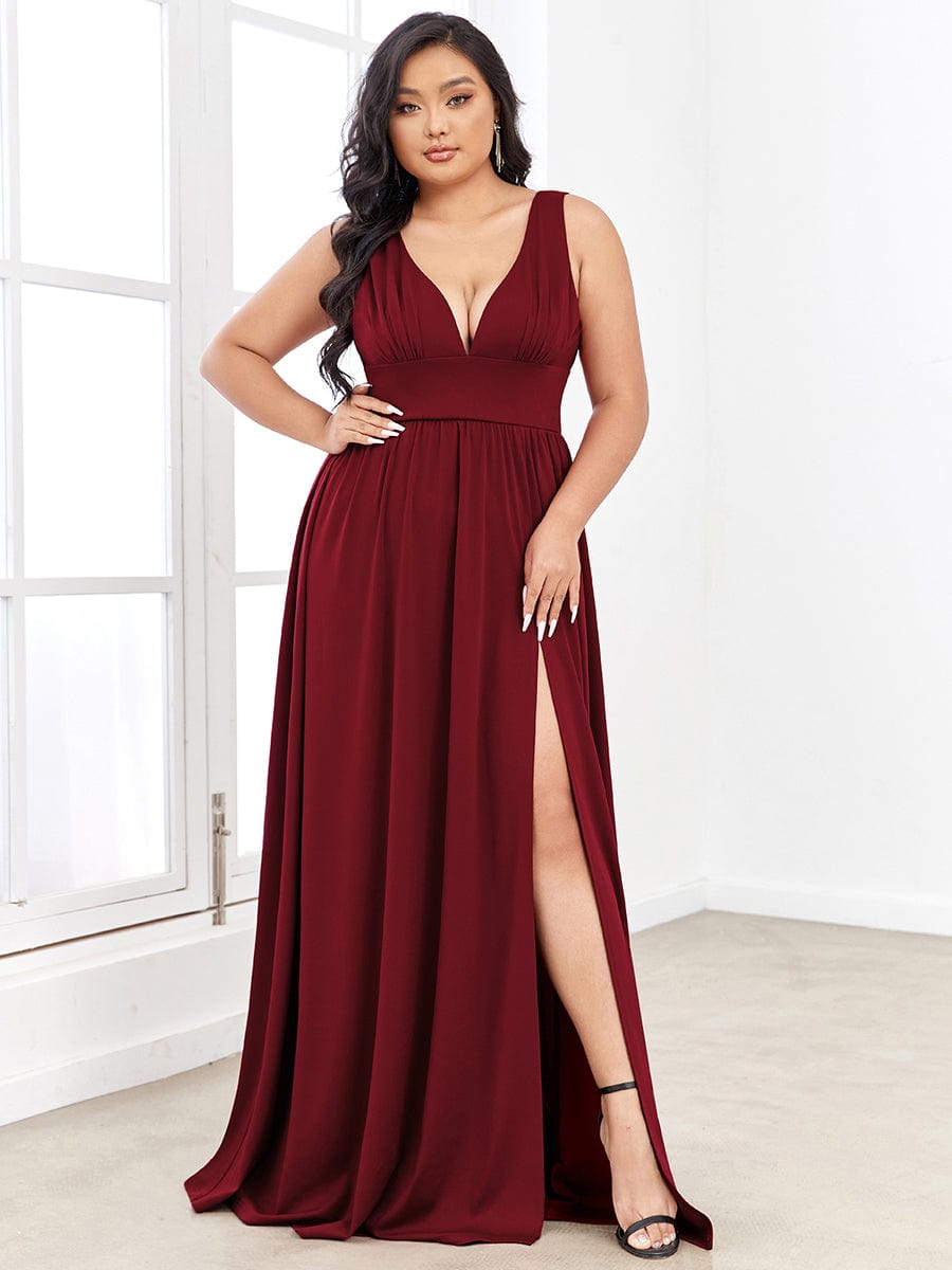 MsDresslyEP Plus Formal Dress Plus Size Sleeveless V-Neck Empire Waist High Slit Floor-Length Evening Dress