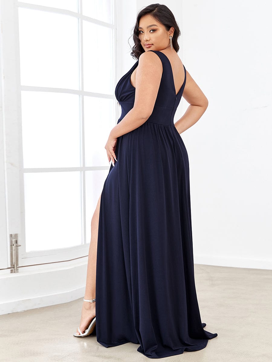 MsDresslyEP Plus Formal Dress Plus Size Sleeveless V-Neck Empire Waist High Slit Floor-Length Evening Dress