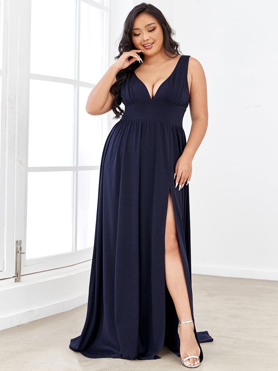 MsDresslyEP Plus Formal Dress Plus Size Sleeveless V-Neck Empire Waist High Slit Floor-Length Evening Dress