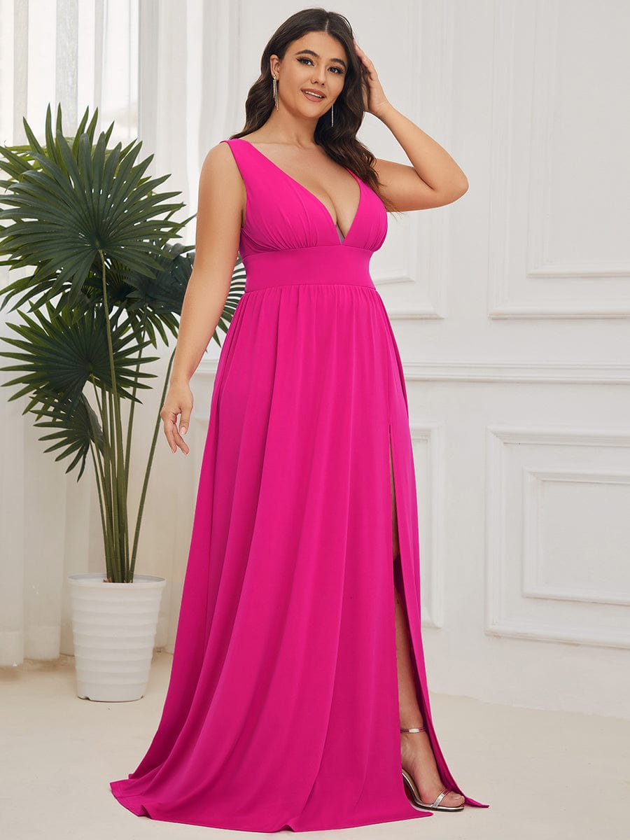 MsDresslyEP Plus Formal Dress Plus Size Sleeveless V-Neck Empire Waist High Slit Floor-Length Evening Dress