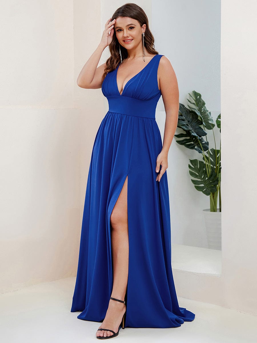 MsDresslyEP Plus Formal Dress Plus Size Sleeveless V-Neck Empire Waist High Slit Floor-Length Evening Dress