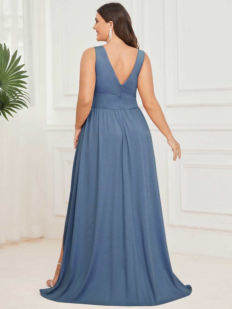 MsDresslyEP Plus Formal Dress Plus Size Sleeveless V-Neck Empire Waist High Slit Floor-Length Evening Dress