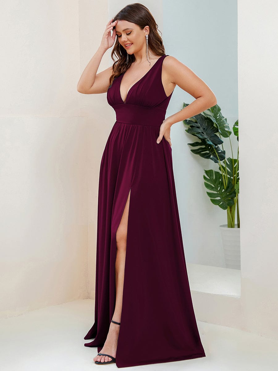 MsDresslyEP Plus Formal Dress Plus Size Sleeveless V-Neck Empire Waist High Slit Floor-Length Evening Dress