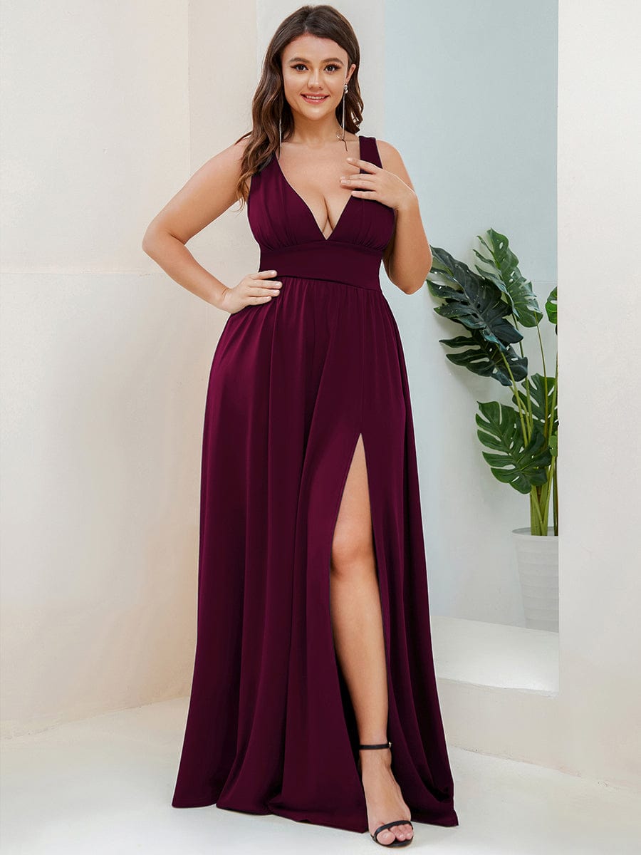 MsDresslyEP Plus Formal Dress Plus Size Sleeveless V-Neck Empire Waist High Slit Floor-Length Evening Dress