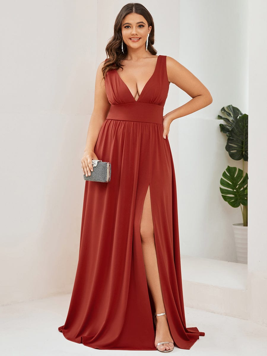 MsDresslyEP Plus Formal Dress Plus Size Sleeveless V-Neck Empire Waist High Slit Floor-Length Evening Dress