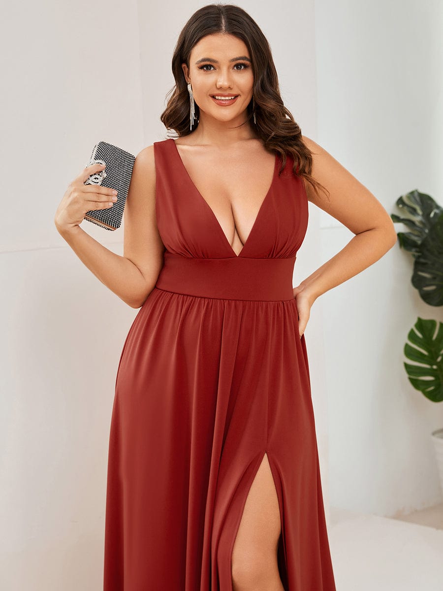 MsDresslyEP Plus Formal Dress Plus Size Sleeveless V-Neck Empire Waist High Slit Floor-Length Evening Dress