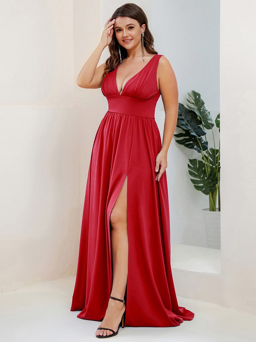 MsDresslyEP Plus Formal Dress Plus Size Sleeveless V-Neck Empire Waist High Slit Floor-Length Evening Dress