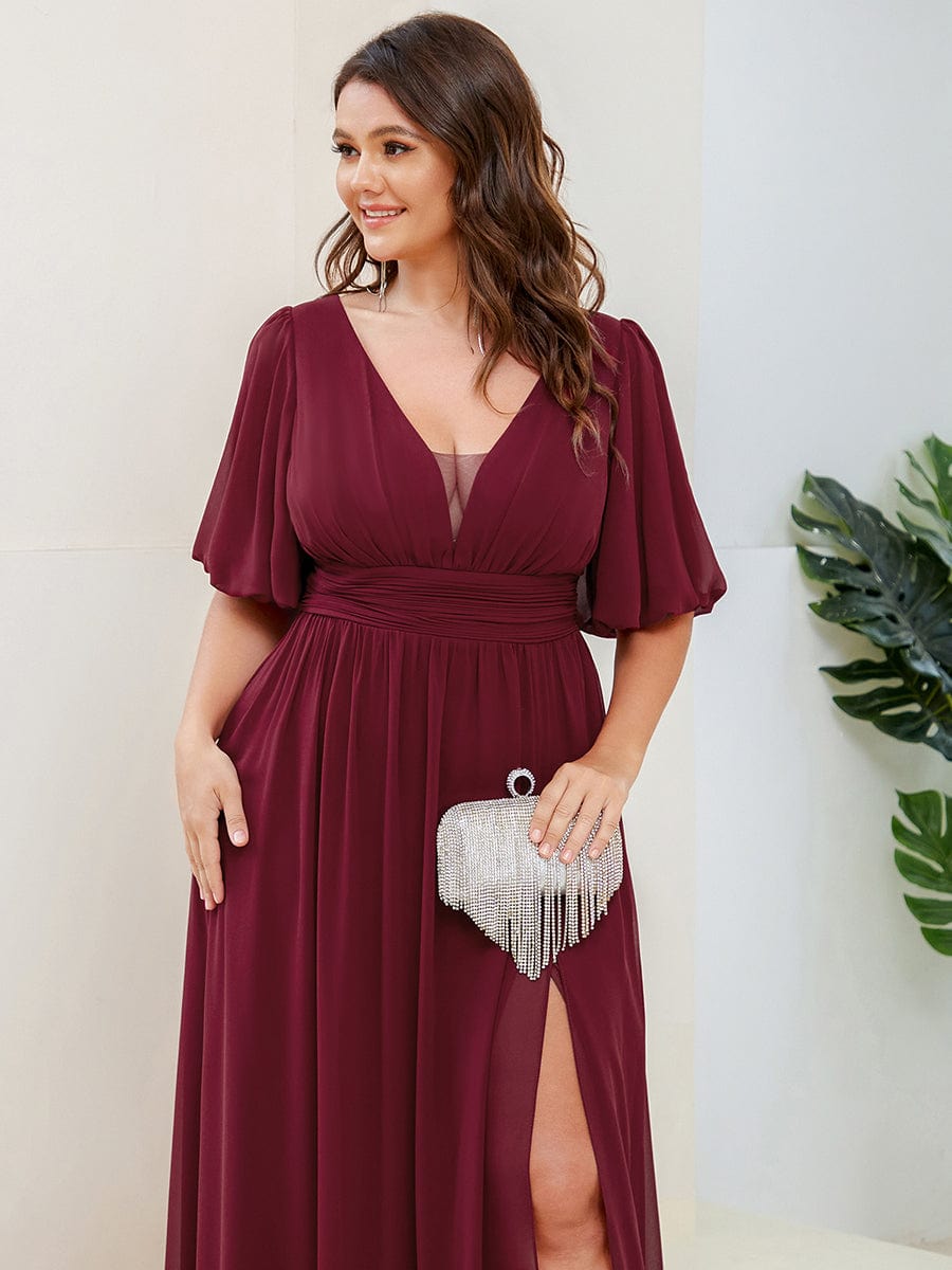 MsDresslyEP Plus Formal Dress Plus Size V-Neck Front Slit Chiffon Evening Dress