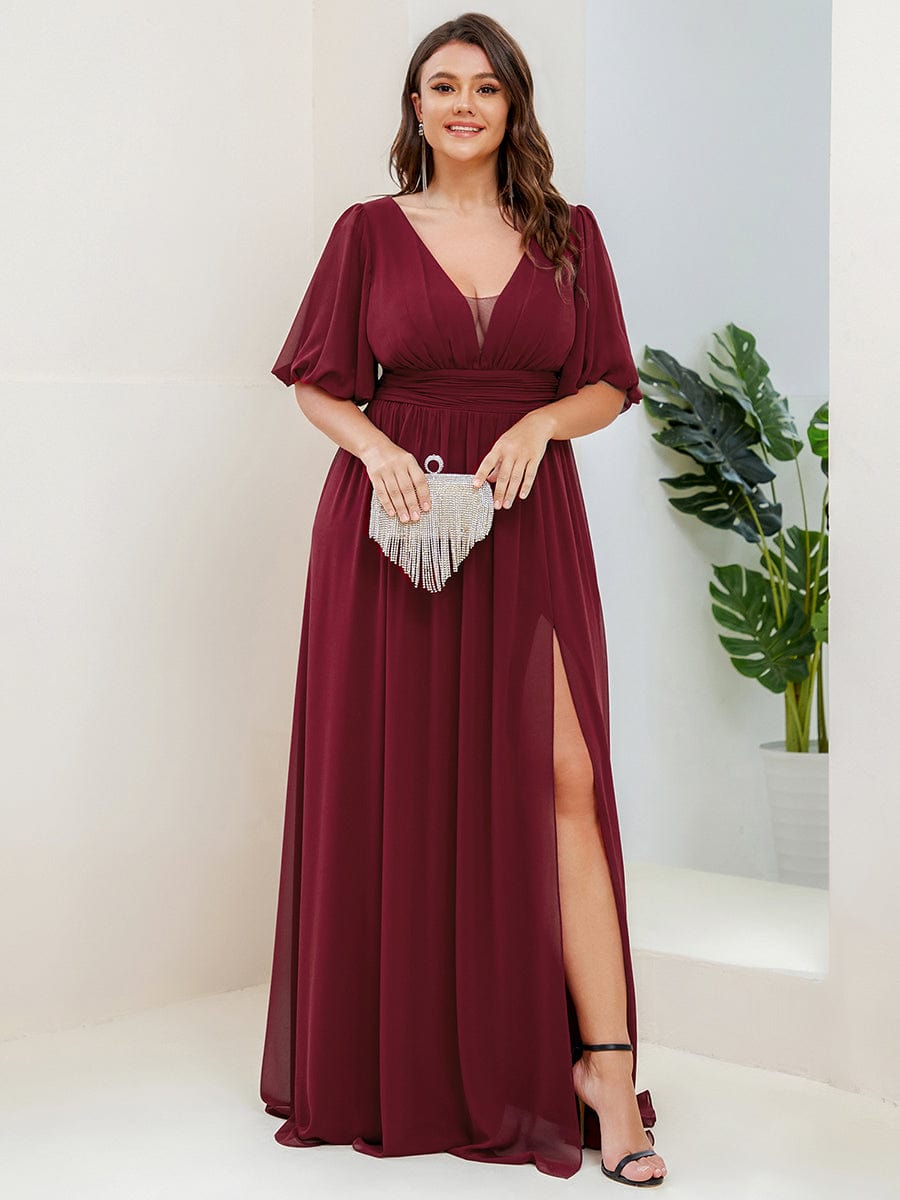 MsDresslyEP Plus Formal Dress Plus Size V-Neck Front Slit Chiffon Evening Dress