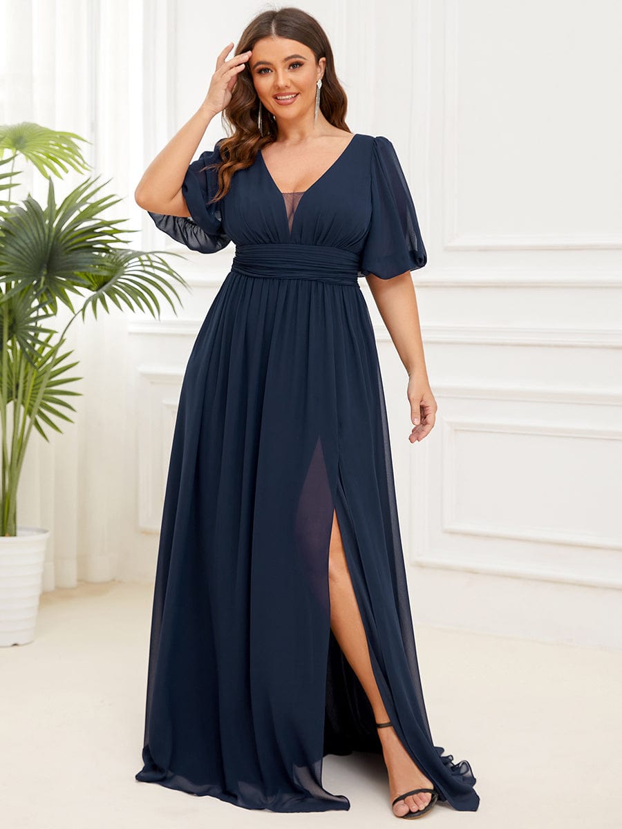 MsDresslyEP Plus Formal Dress Plus Size V-Neck Front Slit Chiffon Evening Dress