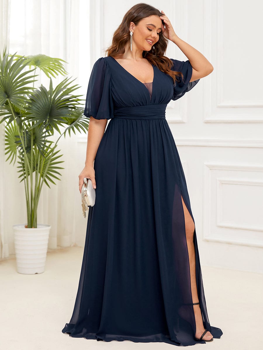 MsDresslyEP Plus Formal Dress Plus Size V-Neck Front Slit Chiffon Evening Dress