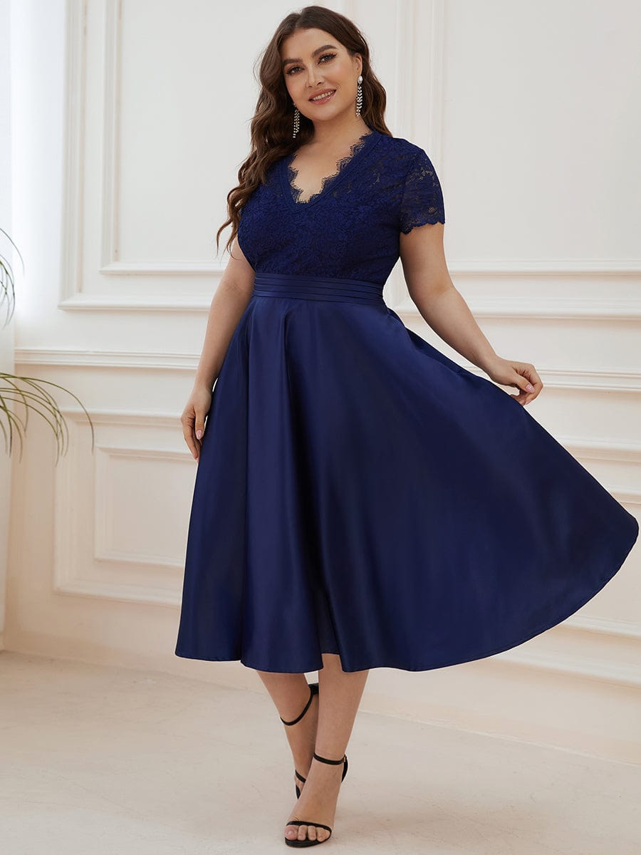 MsDresslyEP Plus Formal Dress Plus Size V-neck Lace Bodice A-line Cocktail Dress with Pockets DRE230978301NBY16