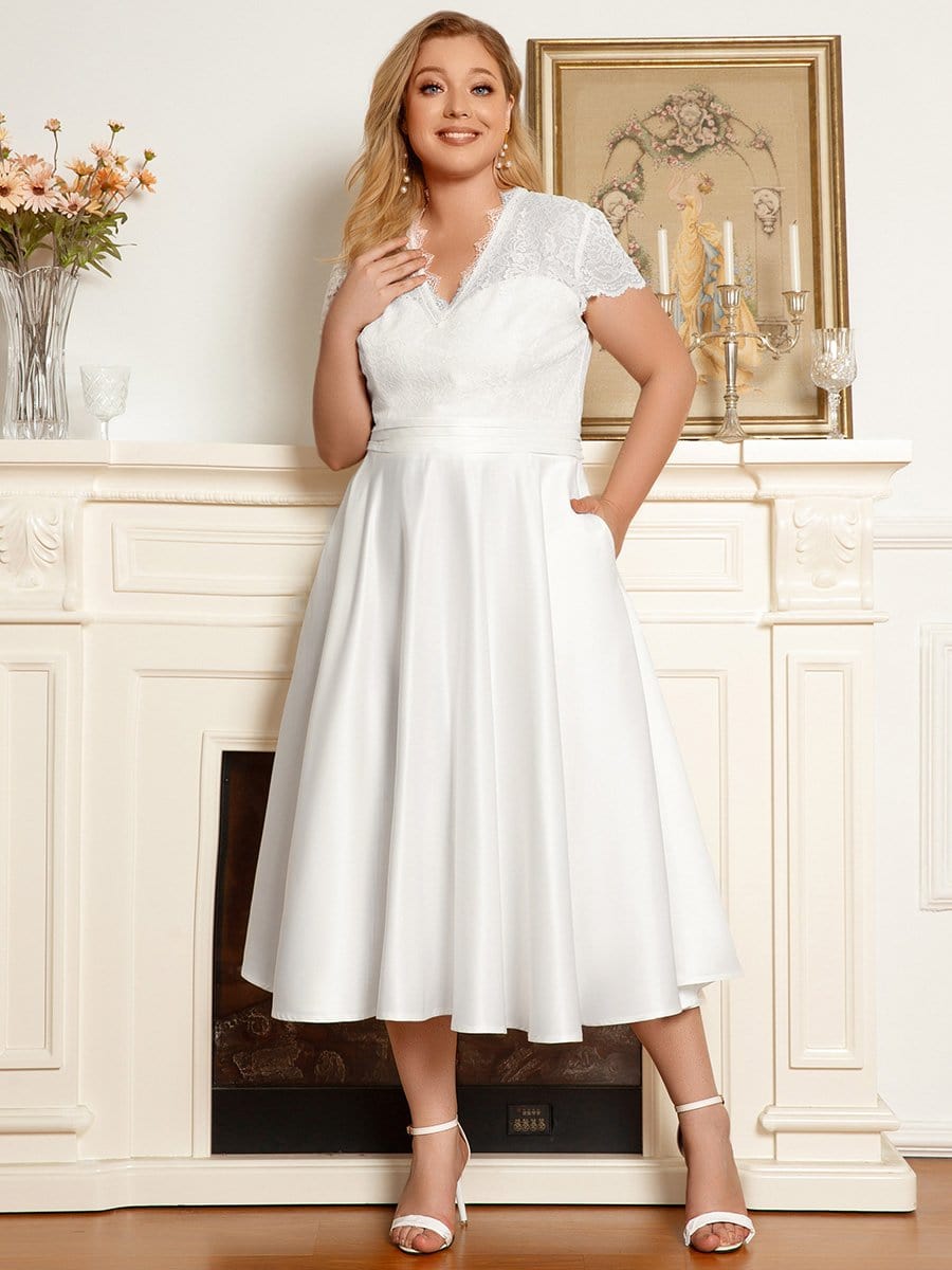 MsDresslyEP Plus Formal Dress Plus Size V-neck Lace Bodice A-line Cocktail Dress with Pockets DRE230978325WHT16