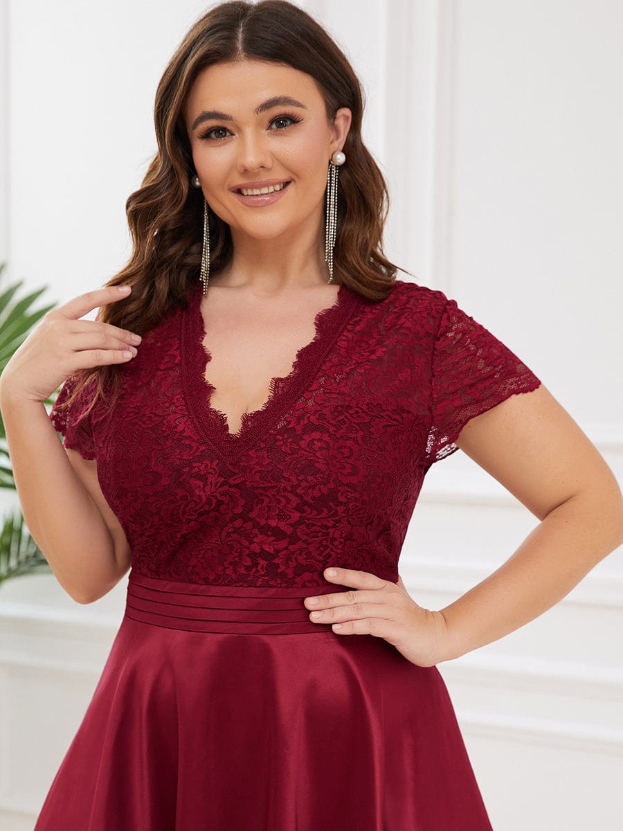 MsDresslyEP Plus Formal Dress Plus Size V-neck Lace Bodice A-line Cocktail Dress with Pockets