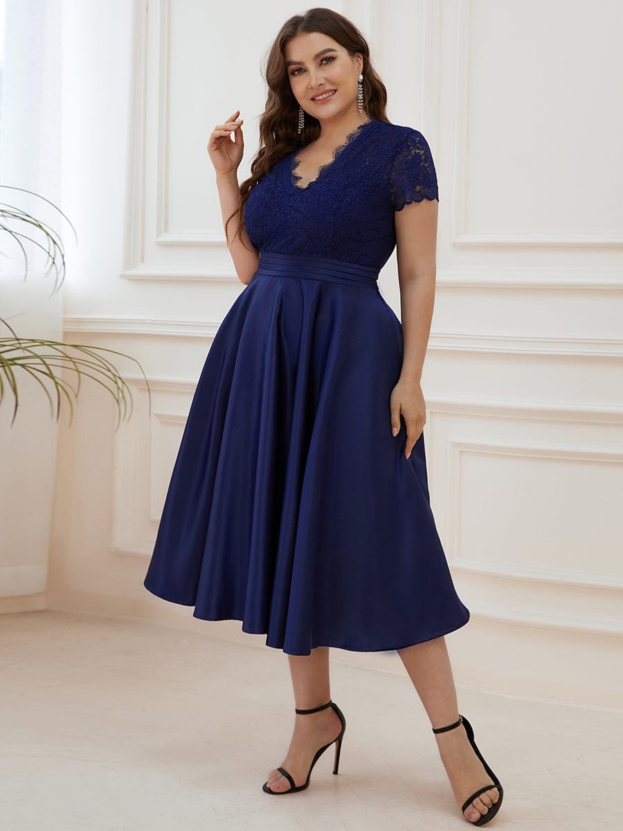 MsDresslyEP Plus Formal Dress Plus Size V-neck Lace Bodice A-line Cocktail Dress with Pockets