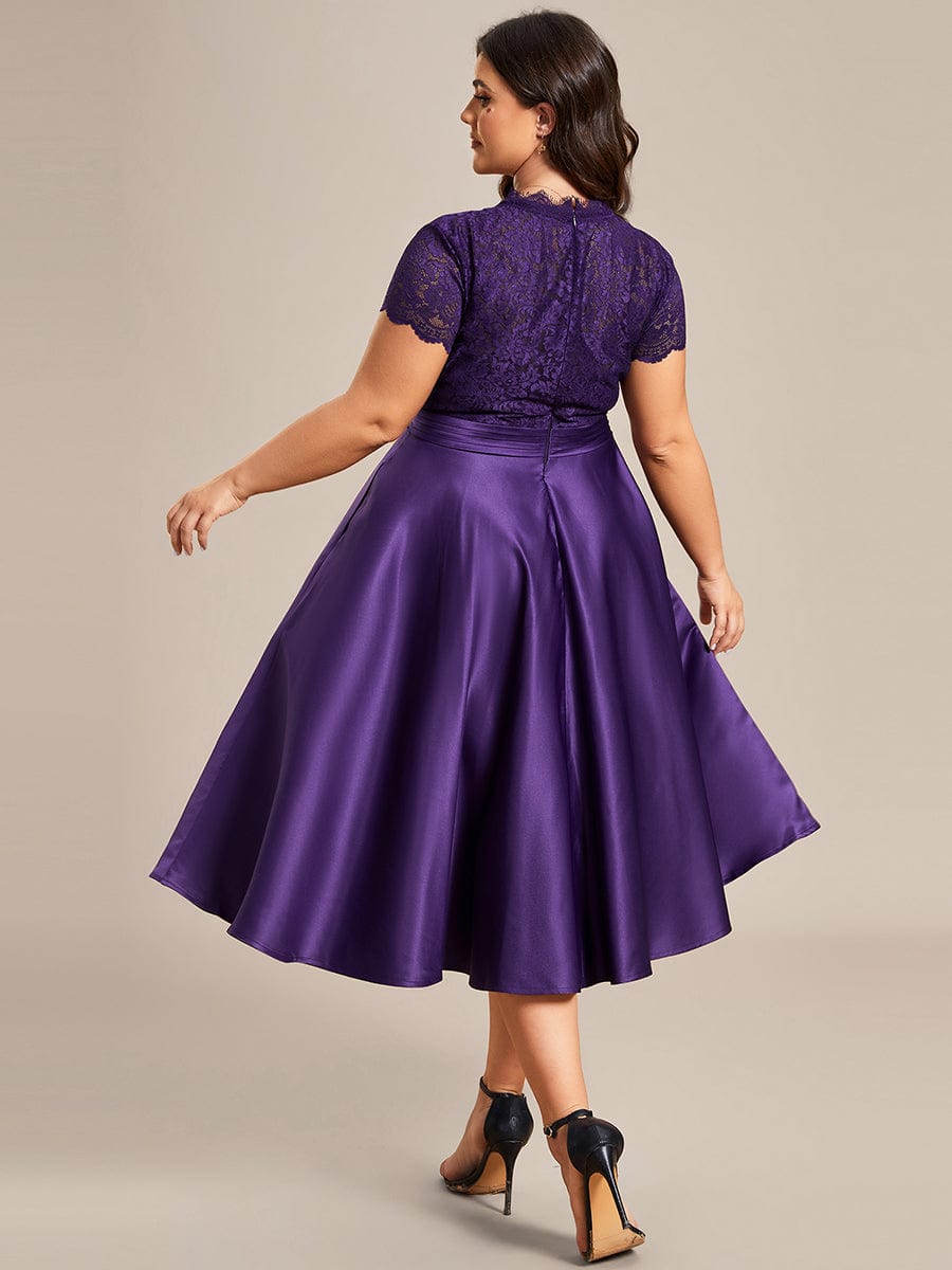 MsDresslyEP Plus Formal Dress Plus Size V-neck Lace Bodice A-line Cocktail Dress with Pockets