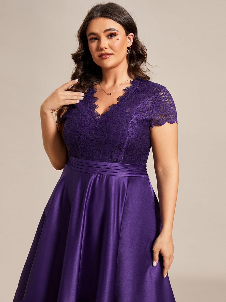 MsDresslyEP Plus Formal Dress Plus Size V-neck Lace Bodice A-line Cocktail Dress with Pockets